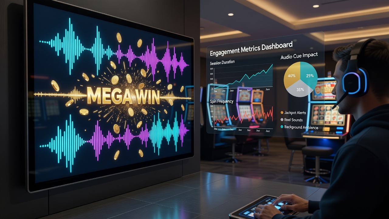 Close-up view of slot game screen highlighting synchronized sound wave visualizations during extended play sequences