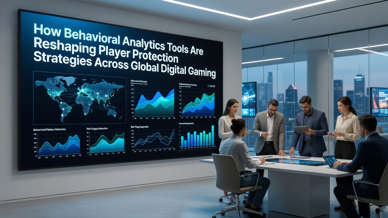 Analytics team reviewing player protection metrics on multiple screens in a gaming operations center